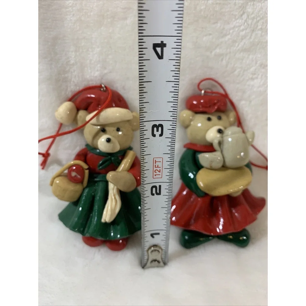 Lot Of 2 Vintage Glazed Salt Dough Type Christmas Bear Festive Holiday Ornaments